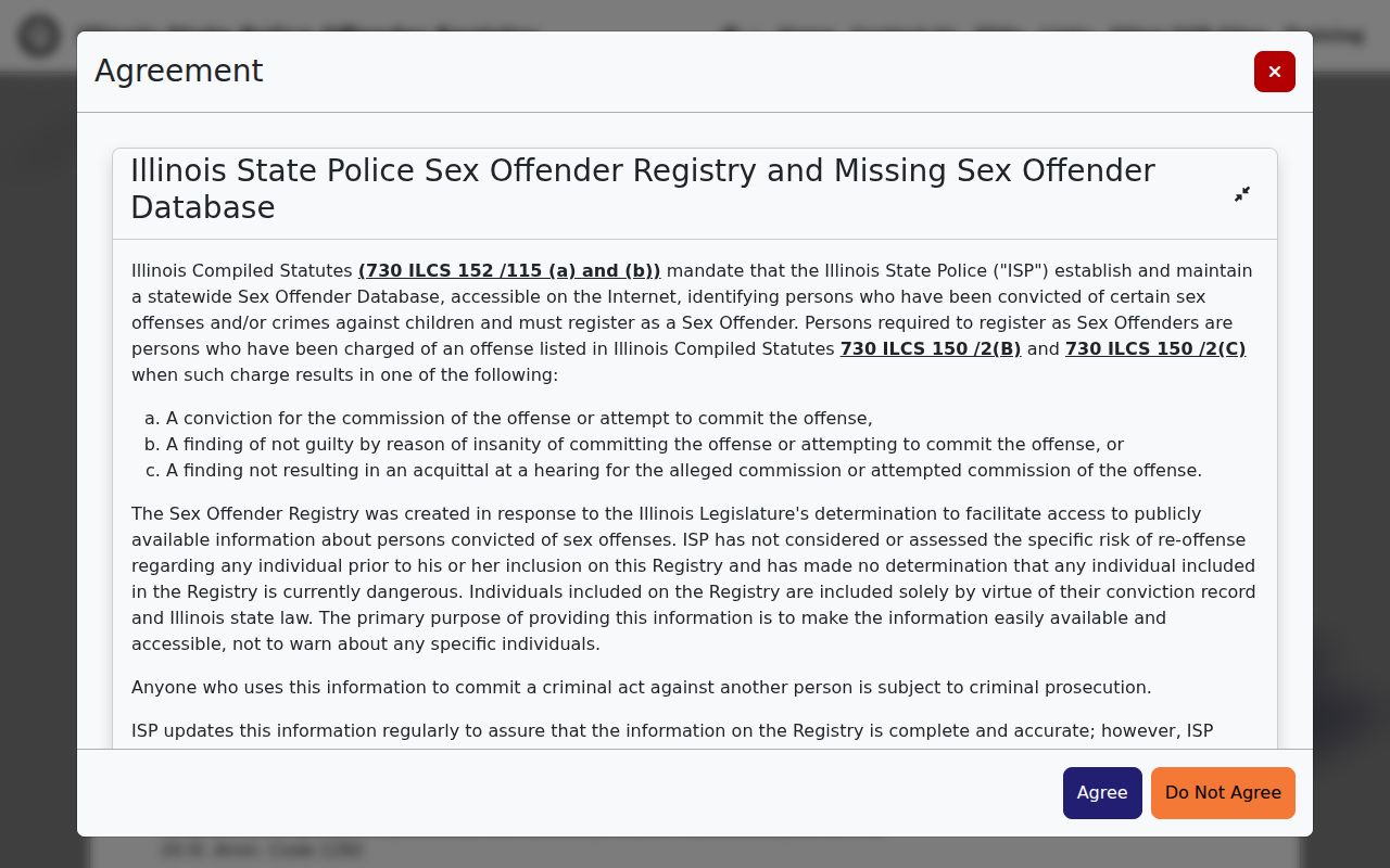Illinois State Police sex offender registry disclaimer used for Hardin County searches